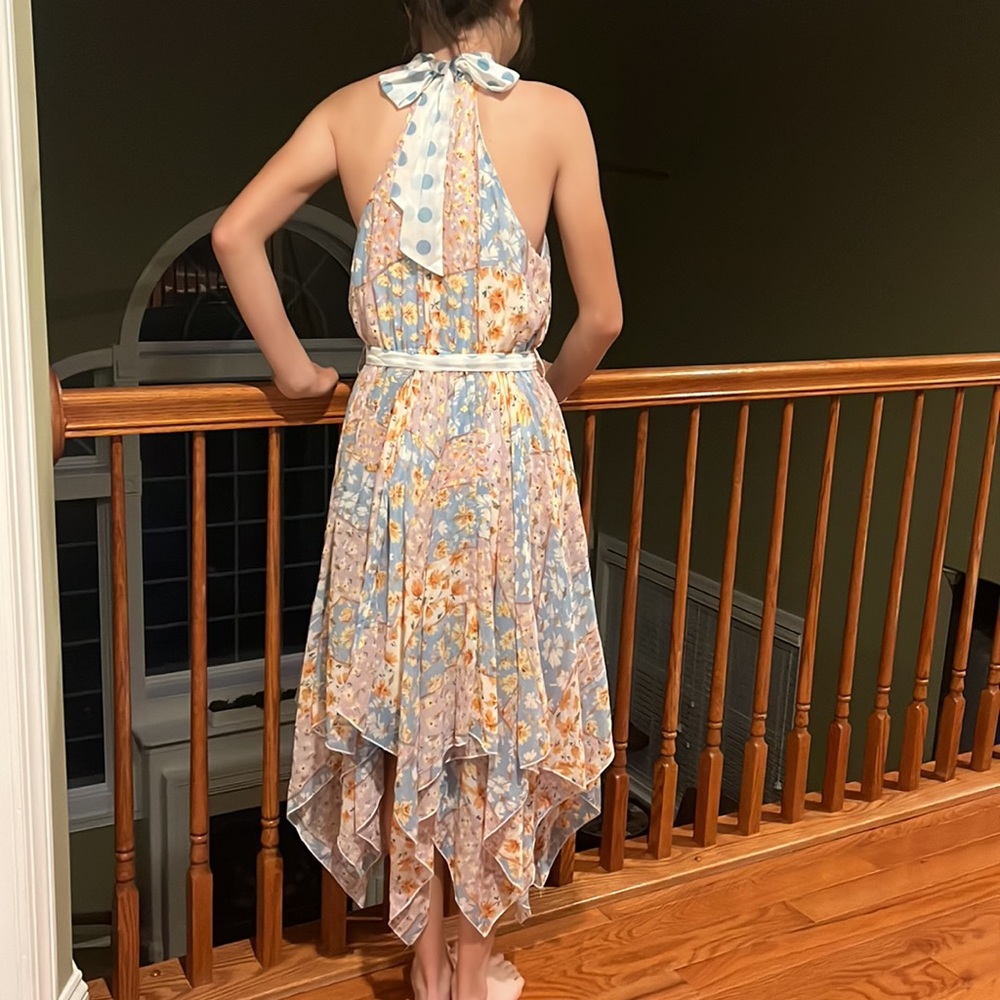 FOREVER UNIQUE Halter Gold Blue Purple Floral Handkerchief Hem Dress, Sz 2 NWT - Picture 3 of 12